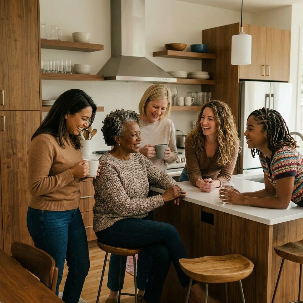 Add African American, older, younger woman; remove wine glass